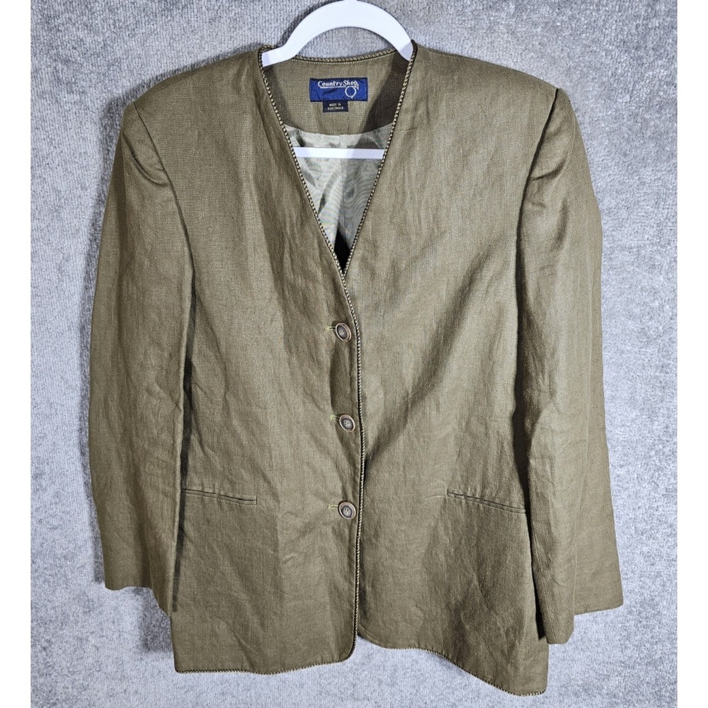 VTG Country‎ Shop Moygashel Linen 3 Button Blazer Womens Small Green Double Vent